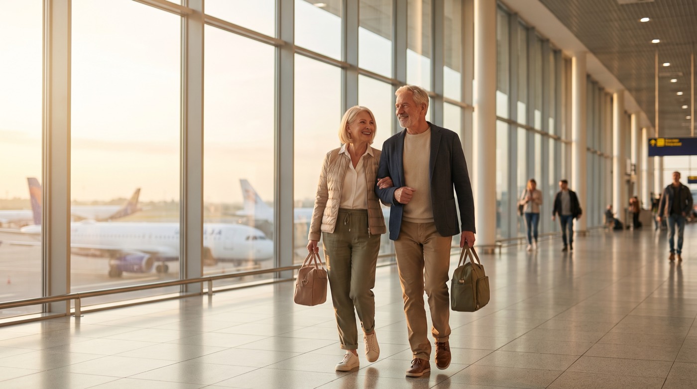 A couple in their sixties walking calmly through a bright airport terminal with light carry-on bags