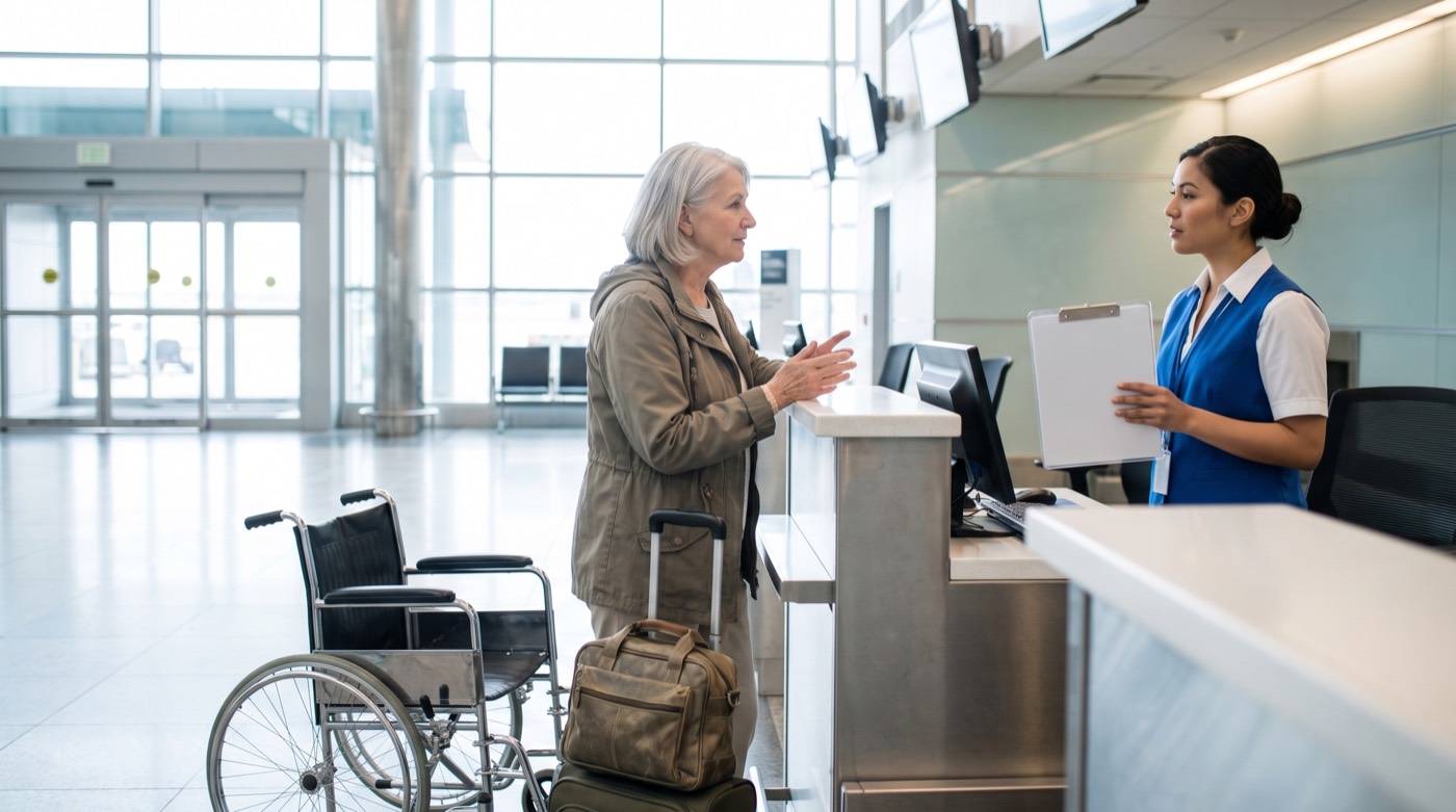 Traveler explains mobility and connection needs to airport assistance staff