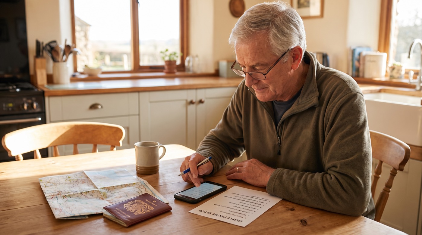 Older traveler tests an eSIM and prepares offline travel information before departure