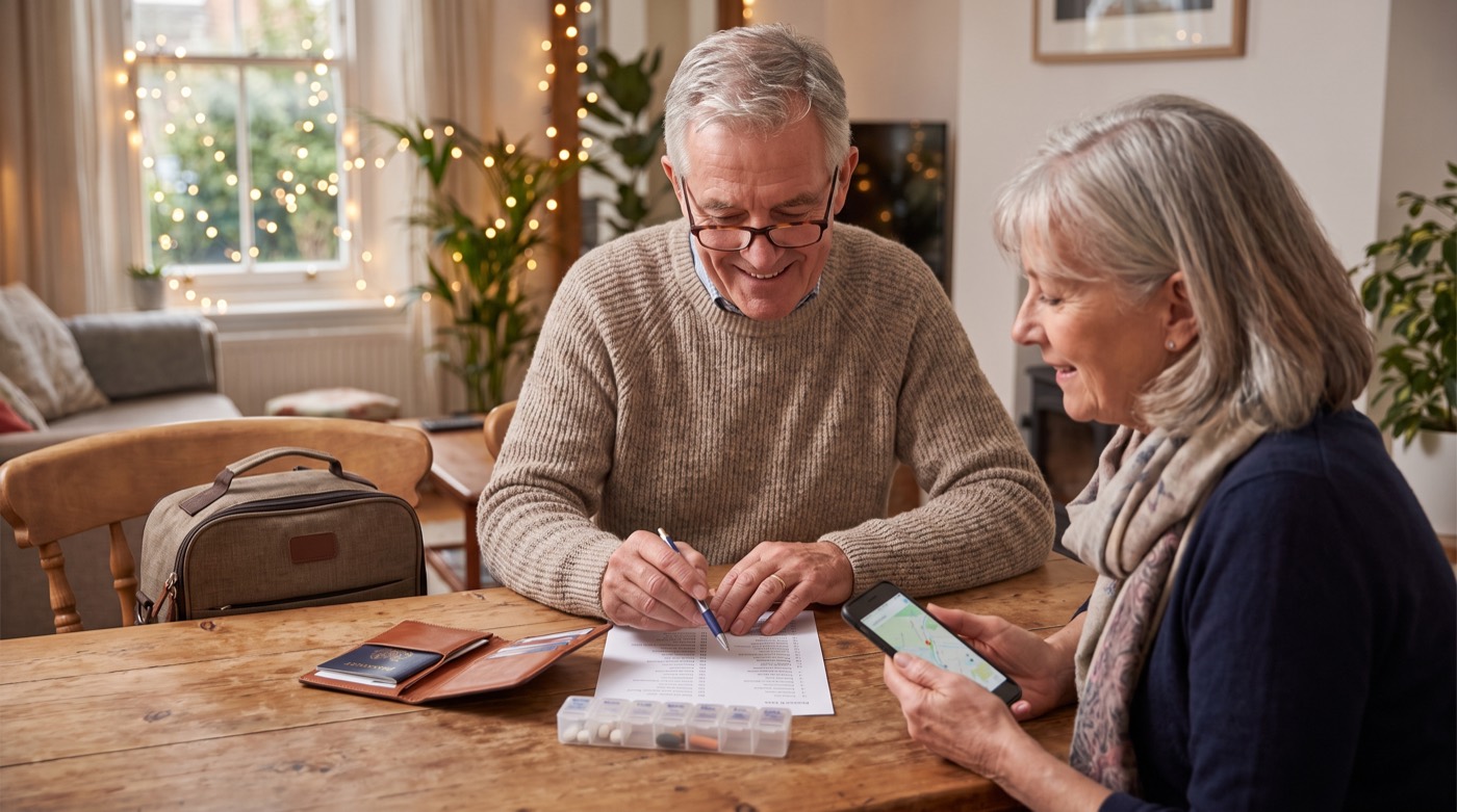 Senior traveler checks documents, medication and airport timing before holiday travel