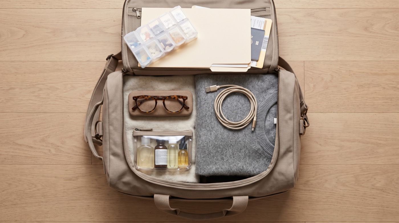 Carry-on packed with medication, documents, comfort items and first-day essentials